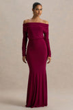 Cilla Burgundy Bardot Neck Maxi Dress With Ruched Detailing