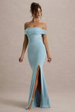 Law of Attraction Powder Blue Bardot Draped Split Maxi Dress