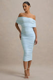 Rayleigh Powder Blue Bardot Ruched Midi Dress