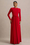 Estrella Red High Neck Maxi Dress With Ruched Detailing