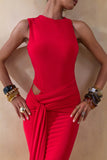 Neile Red Crew Neck Maxi Dress With Cut Out and Sash Details