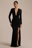Command Black Plunge Neck Maxi Dress With Front High Split