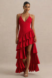Bogota Red Plunge Neck Maxi Dress With Ruffling Details And Front High Split