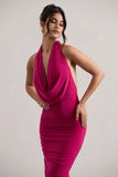 Hayley Hot Pink Cowl Neck Asymmetric Maxi Dress