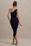 Dorit Navy One Shoulder Asymmetric Ruched Midi Dress