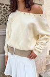 Bambi Cream Asymmetric Neckline Eyelet Sweater