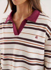 Cream And Chocolate Stripe Contrast Collar Rugby Top