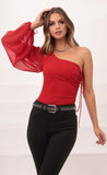Orion Sheer Sleeve Ruched Bodysuit in Red