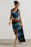 Bali Blue Blur Print Satin Cowl Neck Draped Midi Dress