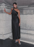 Black Satin One Shoulder Scarf Neck Maxi Dress