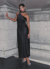 Black Satin One Shoulder Scarf Neck Maxi Dress