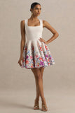 Gemstone Light Pink Floral Print Square Neck Skater Mini Dress