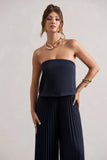 Tammi Navy Satin Strapless Plisse Wide Leg Jumpsuit