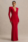 Jewel Red Plunge Neck Maxi Dress With Front Split and Ruched Detailing
