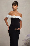 In Bloom Black White Bardot Maternity Maxi Dress With Flower