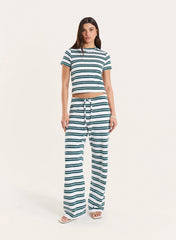 Green And White Stripe Towelling Short Sleeve Top
