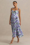 Peyton Purple Lily Print Satin Sweetheart Neck Midi Dress With Pleated Details