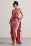 Upon A Time Blush Ruched Bandeau Midi Dress With Cape