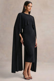 Kalani Black Crew Neck Midi Dress With Cape Sleeves