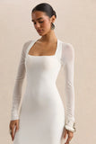 Fleurisia White Square Neck Maxi Dress With Mesh Long Sleeves