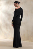 Kessara Black Asymmetric Neck Maxi Dress With Sash And Gathered Detailing