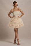 Peaches Champagne Strapless Mini Dress With Volume Feather Hem
