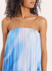 Blue Ombre Print Plisse Bandeau Maxi Dress