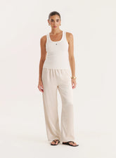 Cream Satin Elasticated Waist Wide Leg Trouser