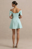 Faria Light Blue Short Sleeve Bardot Mini Dress With Bow Detail