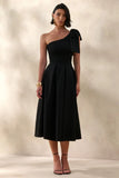 Meria Black Asymmetric Neck Midi Dress With Bow Sleeve