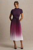 Libby Burgundy Ombre Woven High Neck Midi Dress With Pleated Detailing