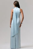 True Icon Powder Blue Satin V Neck Maxi Slip Dress With Sash