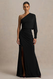 Lola Black Asymmetric Neck Maxi Dress With Ruched Detailing And Front High Split