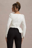 Bensley Ecru Satin Asymmetric Plunge Neck Top With Ruffle