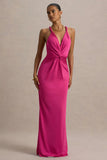 Santez Hot Pink Twisted Plunge Neck Maxi Dress