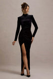 Jaz Black Velvet High Neck Gathered Split Maxi Dress