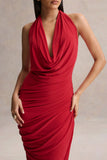 Cairo Red Cowl Neck Maxi Dress With Gathered Detailing