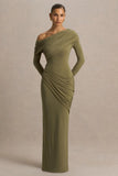 Perrie Olive Asymmetric Neck Maxi Dress With Ruched Detailing