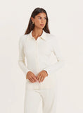 Cream Ribbed Button Long Sleeve Top