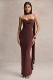 Sheila Dark Brown Bandeau Maxi Dress With Scarf Detail