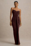 Ali Warm Brown Sweetheart Ruched Wrap Maxi Dress