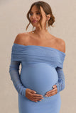 Patiently Waiting Powder Blue Maternity Ruched Mesh Bardot Midi Dress