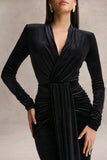 Halima Black Velvet Plunge Neck Maxi Dress With Gathered Detailing