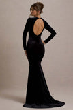 Keaton Black Velvet Long Sleeve Open Back Maxi Dress