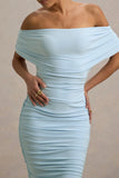 Rayleigh Powder Blue Bardot Ruched Midi Dress