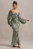 Murcia Olive Floral Print Chiffon Puff Sleeve Button Maxi Dress