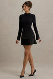 Athena Black Long Sleeve Mini Dress With Pleated Hem