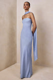 Charly Powder Blue Matte Satin Bandeau Maxi Dress With Scarf Detail