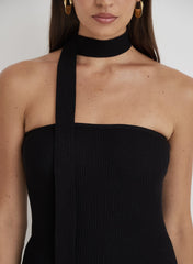 Black Ribbed Knit Bandeau Scarf Top