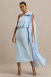 Celestia Powder Blue Satin Asymmetric Neck Midi Dress With Cape Detail